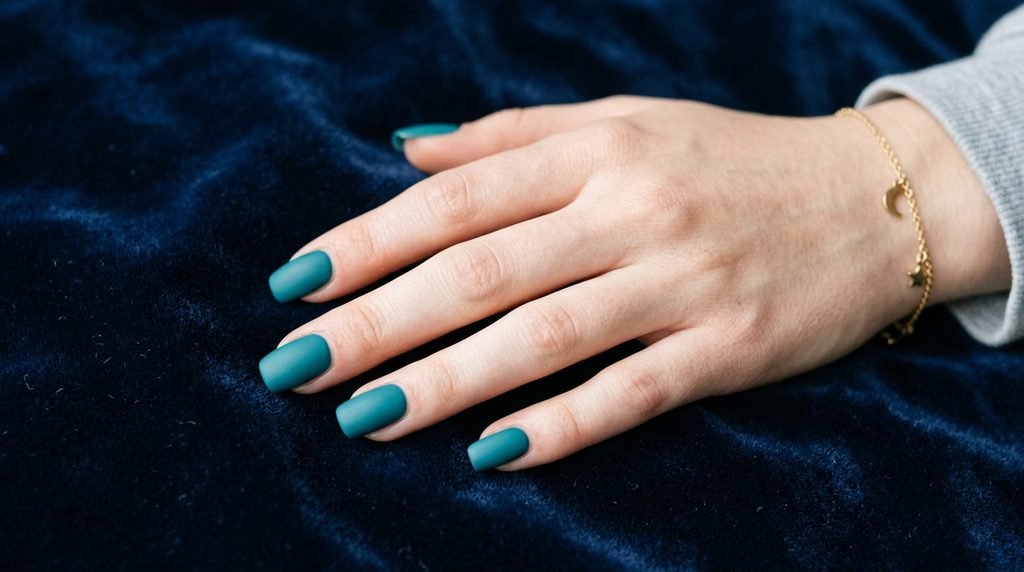 Perfect matte teal nail tips with sealed edges on a female hand with clean white skin.