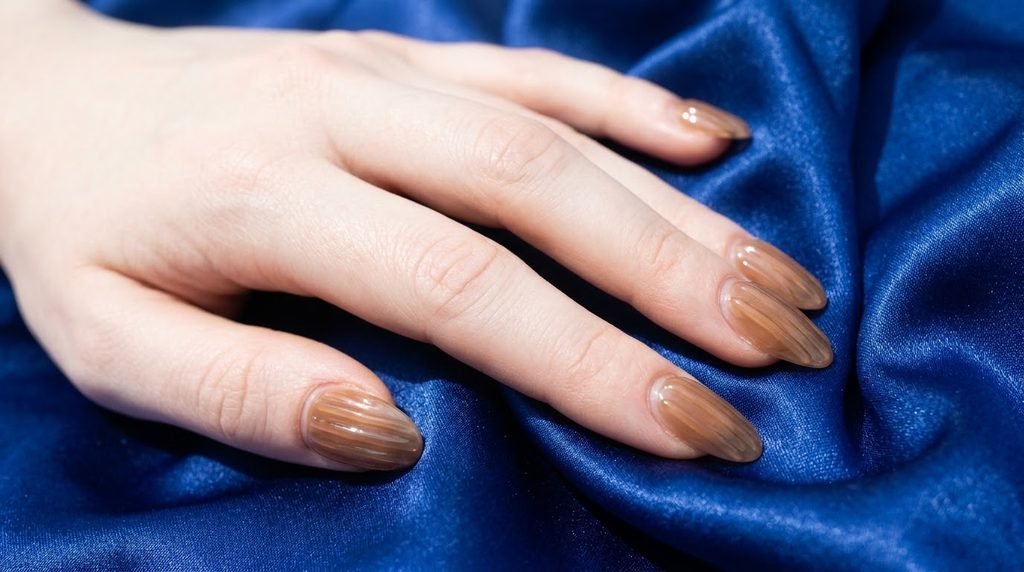 Close-up of almond nails with ice coffee ribbed glass art on an 18-year-old female hand with very white skin on blue satin.