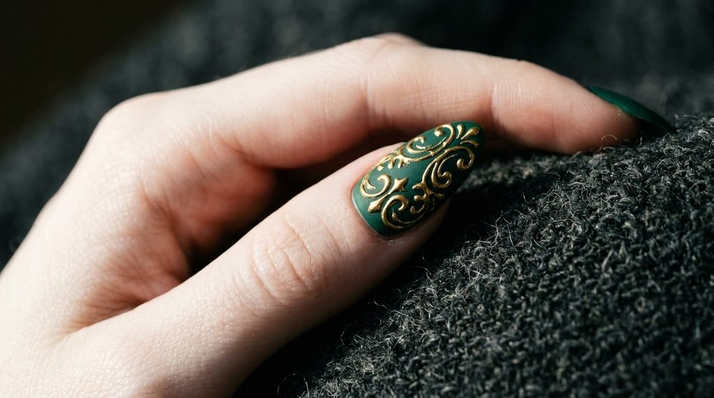Raised 3D gold filigree detail on emerald matte nail on very white female skin over dark charcoal fabric.