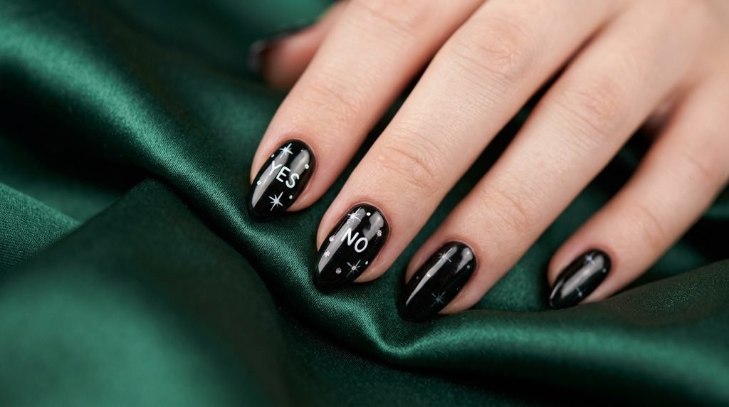 Close-up of white-skinned hand displaying dark black manicured nails with white corner text.