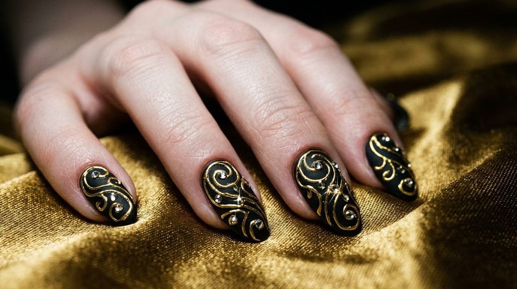 Matte black nails with paper-thin gold filigree on very white female hand resting on gold silk.