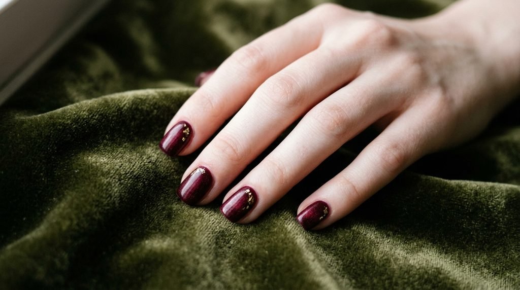 Merlot nails with gold foil on an 18-year-old hand with very white skin touching olive velvet.