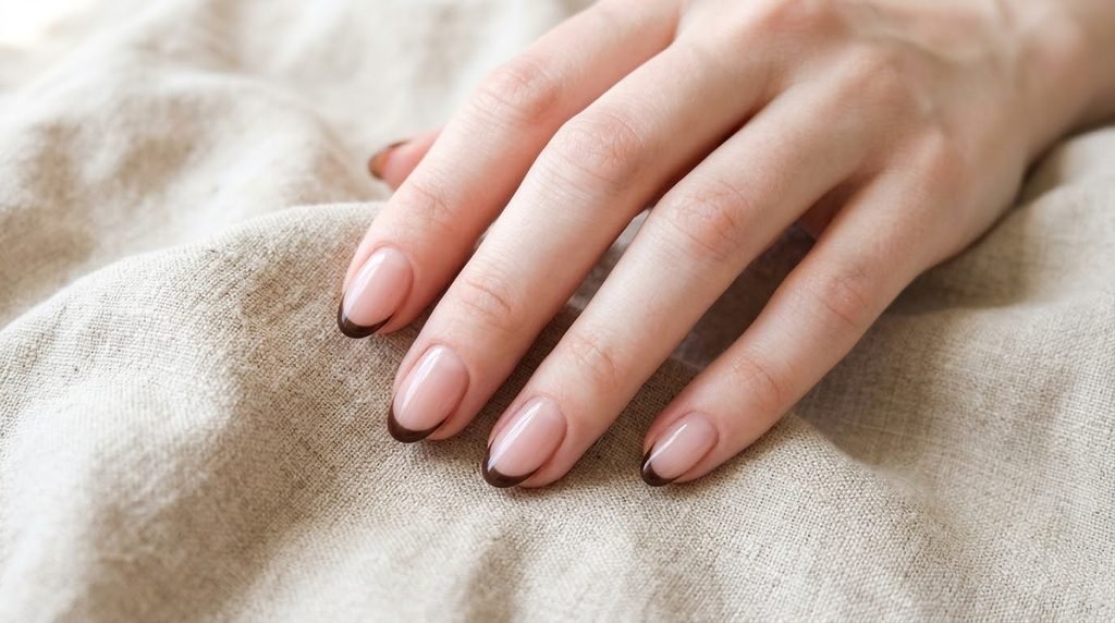 Oval nails on a fair-skinned young woman displaying a sheer nude base with deep chocolate brown micro French tips.