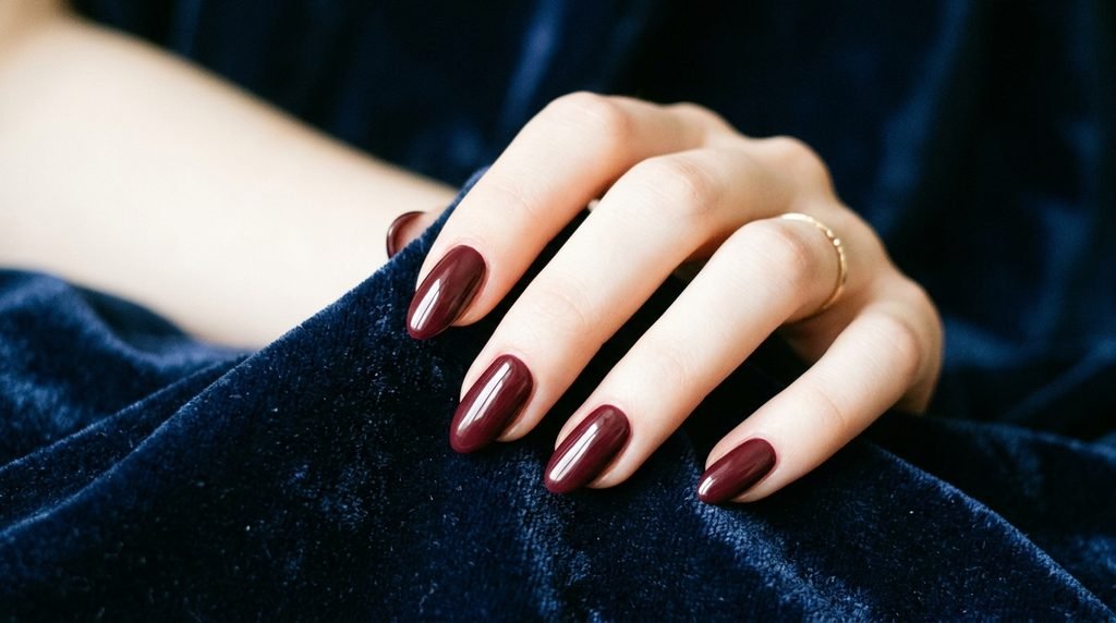 Opaque dark wine merlot polish on almond nails with navy blue velvet background.