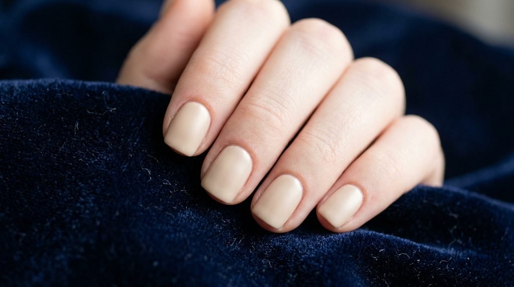 Cashmere nails in creamy oat beige on short square nails over dark navy velvet background.