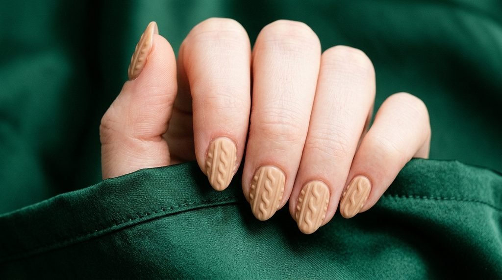 Smooth camel sweater nails shown touching emerald green silk fabric without snagging.