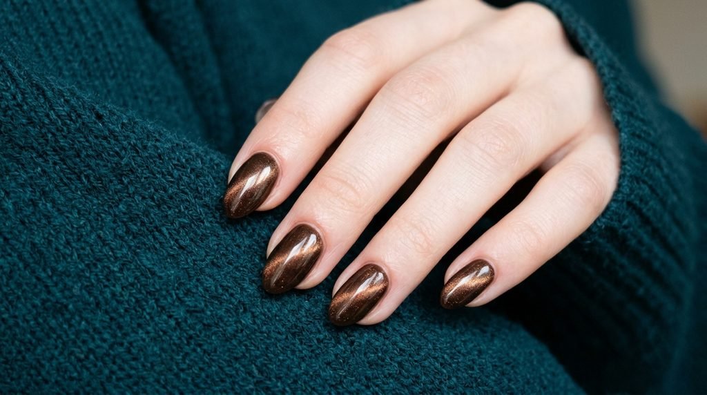 Fresh cacao brown cat eye almond nails on an 18-year-old female hand with white skin touching a dark teal sweater.