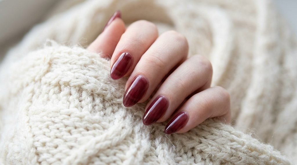 Medium almond nails in sheer red wine tint on fair female skin touching an ivory scarf.