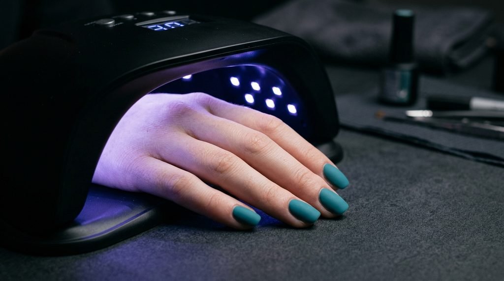 Female hand with smooth white skin curing matte teal gel nails inside an LED lamp.