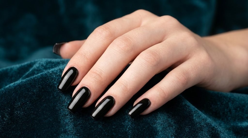 Coffin nails painted in smooth pitch black gel polish resting on dark teal velvet.