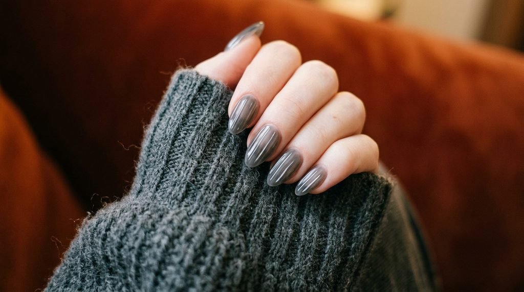Smoky gray ribbed glass nails with a gray cashmere sweater sleeve on an 18-year-old female hand with very white skin on rust orange.