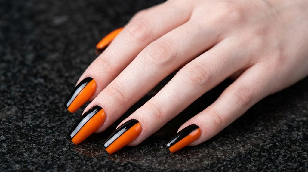 Long coffin nails with a vertical black and  orange split design on an 18-year-old pale female hand.