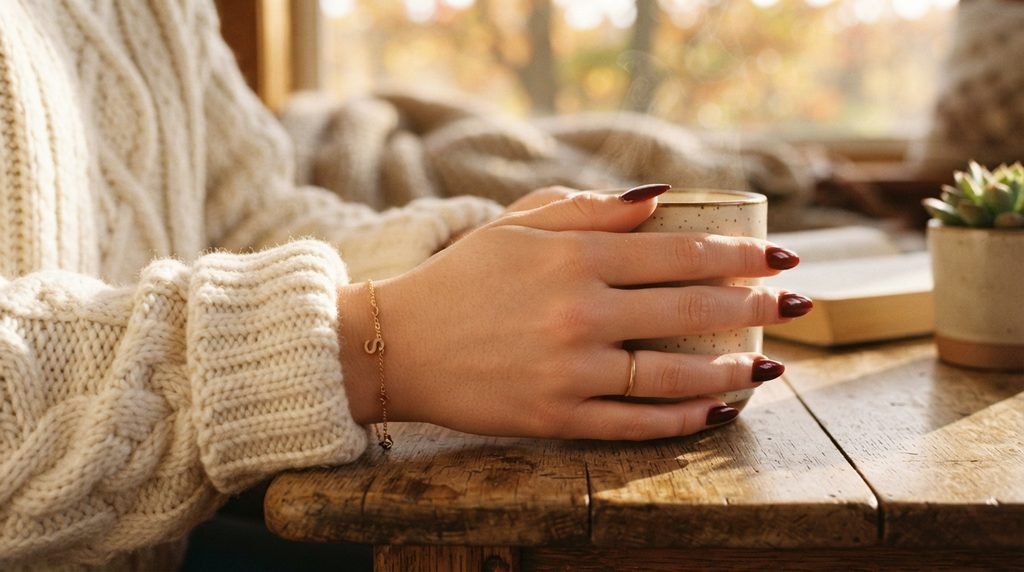 Deep cherry merlot almond nails touching cream cable-knit sweater sleeve.