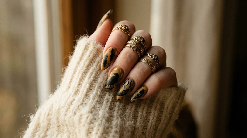 Stiletto raven nails paired with gold rings and a cream knit sweater on an 18-year-old female hand with pale skin.