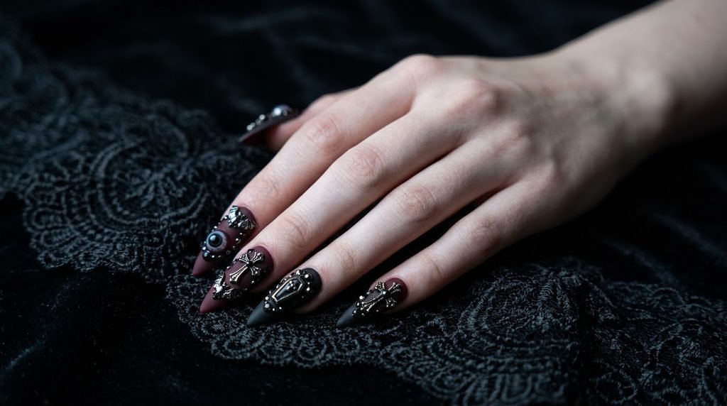 A detailed close-up of a woman's pale hand wearing long stiletto goth press-on nails featuring multiple 3D eyeballs, coffins, bats, and crosses against elaborate black lace and blurred velvet.