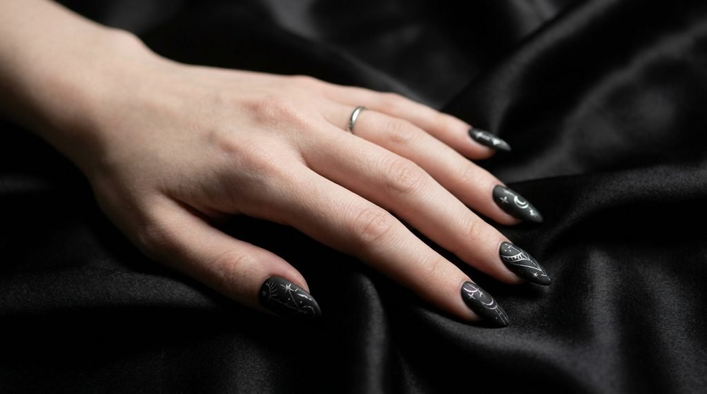 Trending gothic heart nail art on white 18-year-old female hand against black satin.