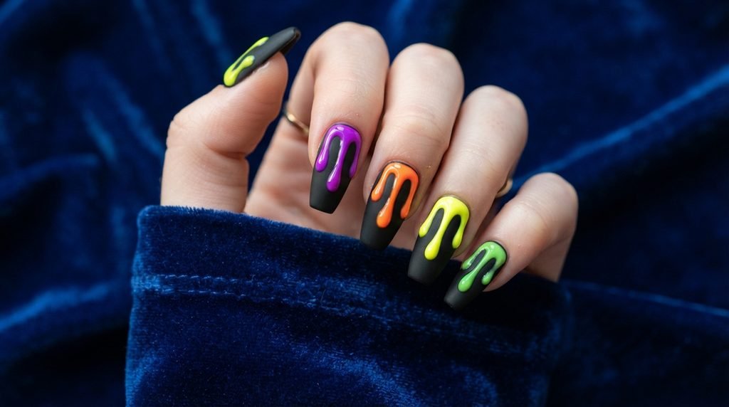A close-up of coffin nails showing a matte black base with a variety of glossy, raised 3D neon drips in purple, orange, yellow, and green over a royal blue velvet background.