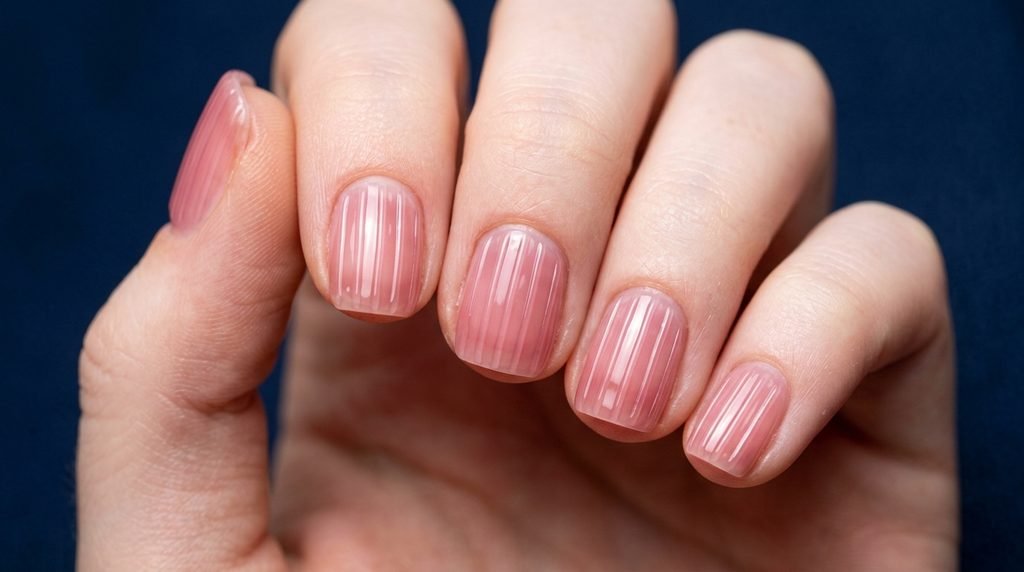 Short squoval sheer rose pink ribbed glass nails on an 18-year-old female hand with very white skin against dark navy blue.