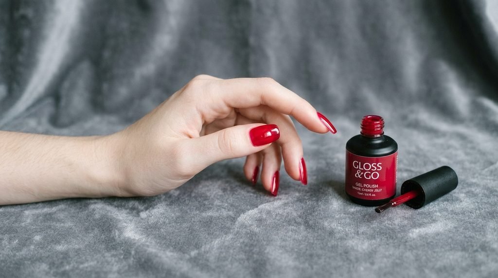 Cherry red press-on nails applied on hand next to polish bottle on grey velvet.