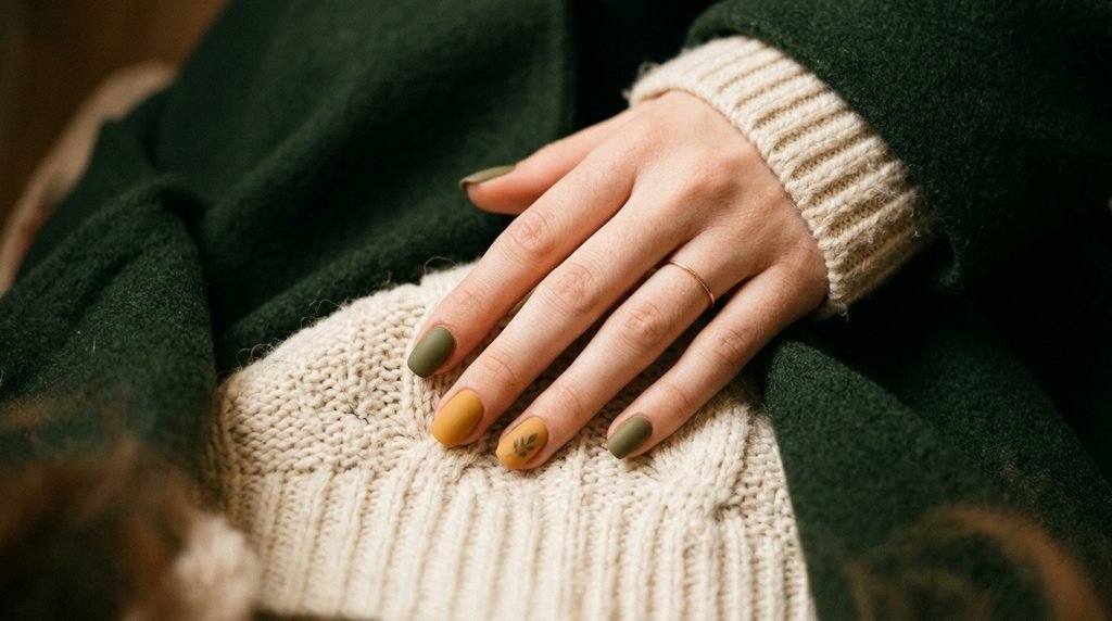 Hand with olive green nails and a thin gold ring resting on a cream sweater.