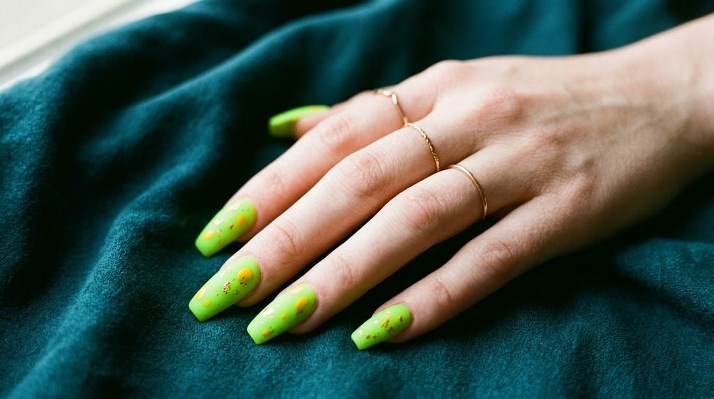 Delicate gold rings worn on an 18-year-old hand with very white skin with matte neon green leopard coffin nails.