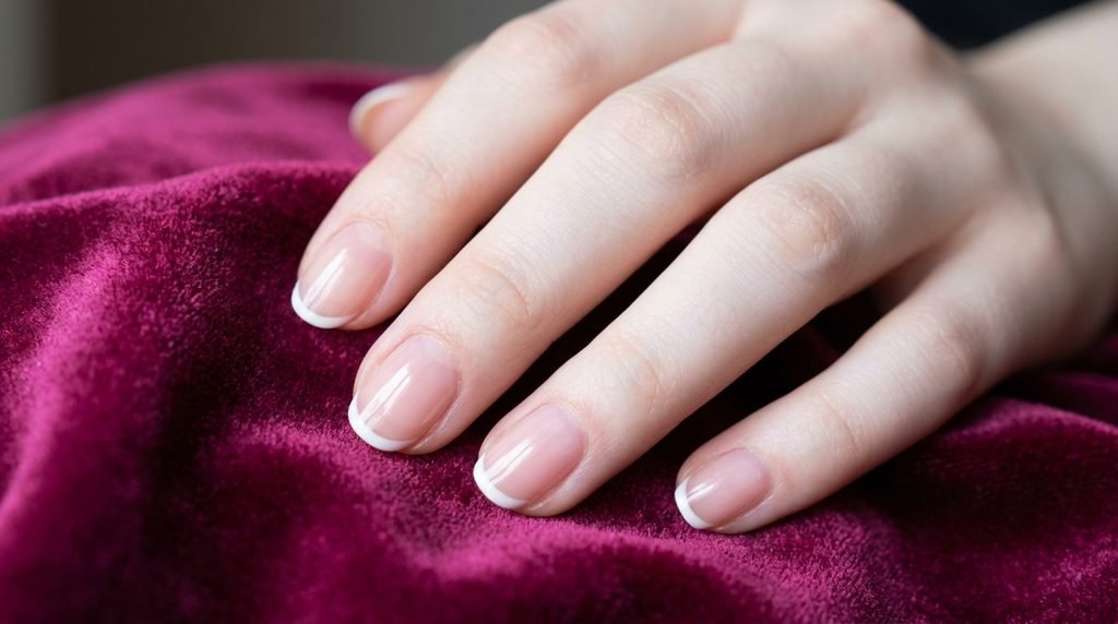 Micro French tip manicure over sheer pink base on an 18-year-old female hand with very white skin over magenta velvet.