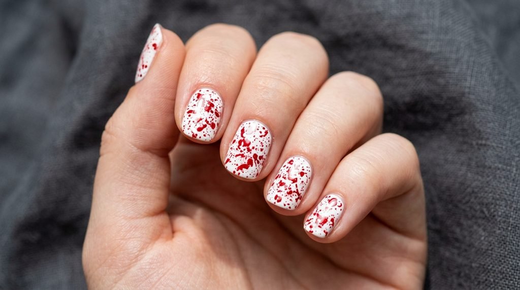 A close-up shot of short square nails on an 18-year-old female hand with white skin, featuring a dense pattern of red blood splatter over a white base against a gray linen background.