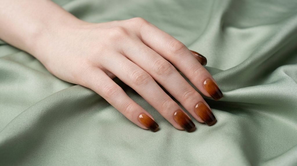 Squoval nails with smoked amber syrup gradient on fair skin over pale sage green background.