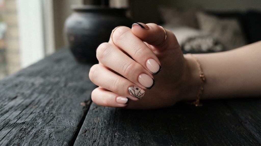Short squoval nails with thin black chrome French tips and delicate spiderweb accent.