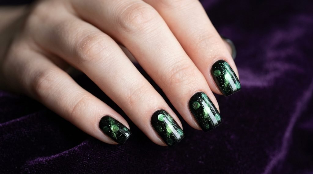 Short square nails with jet-black polish and green dot accents on a female hand with white skin.