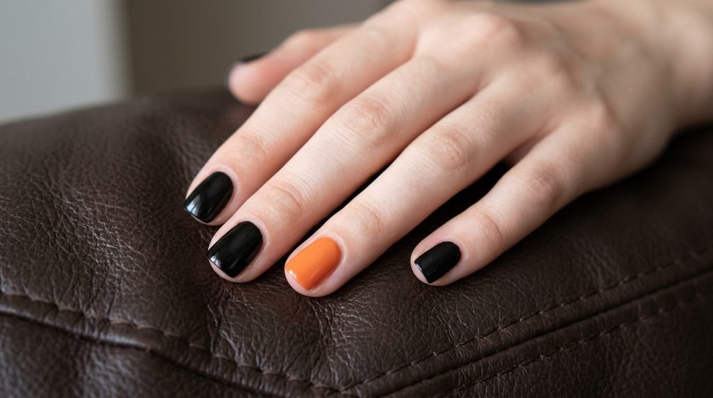 Short square nails with jet black and  orange polish on an 18-year-old female hand resting on dark brown leather.