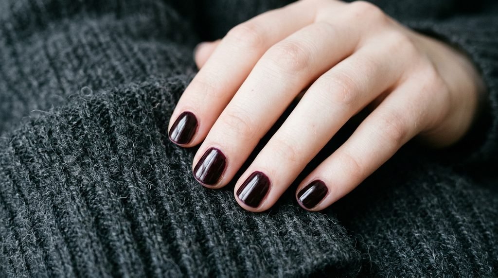 Short round nails finished in daily-wear black cherry polish against a charcoal gray knit sweater.