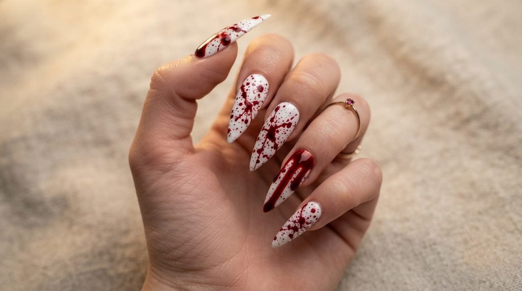 A close-up of very long, fierce stiletto nails on an 18-year-old female hand with white skin, all covered in red blood splatter over white, with dramatic thick blood drips descending from the tips of the thumb and ring finger against a beige linen background.
