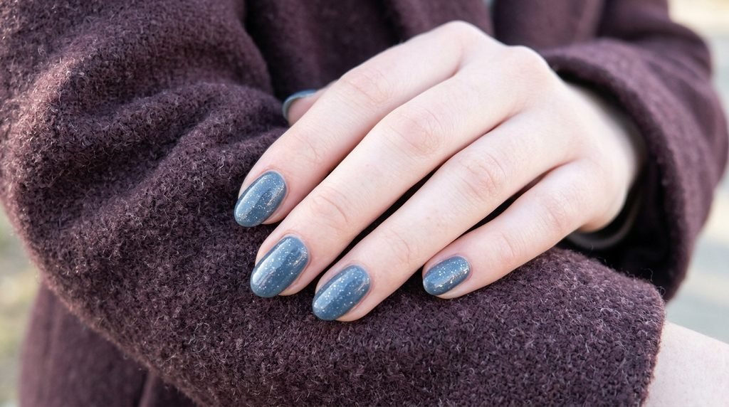 Denim blue glitter shimmer oval nails on very white skin.