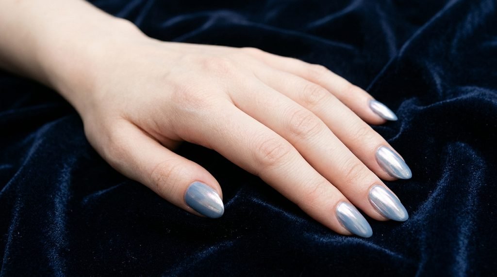 Glazed pearl chrome over denim blue almond nails on very white skin.