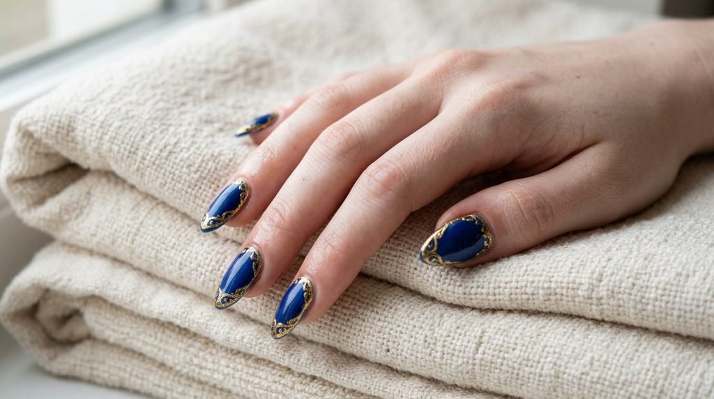 Hydrated cuticles and sapphire gold filigree nails on very white female skin over soft cream towels.