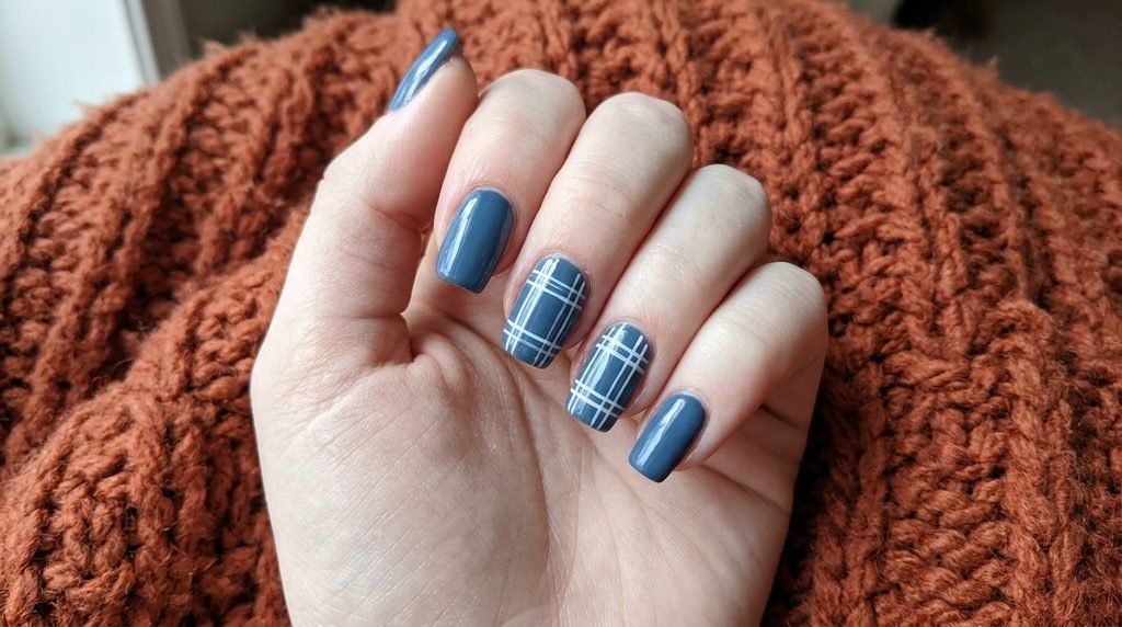 Denim blue plaid accent nails on square shape with very white skin.