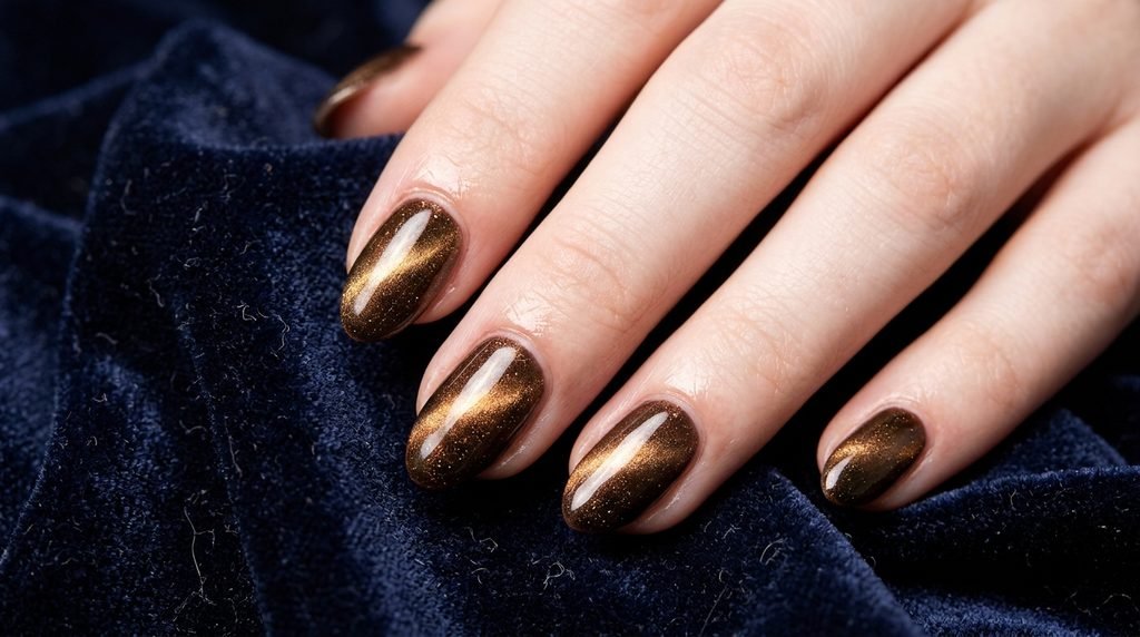 Short almond nails featuring magnetic bronze velvet cat-eye shimmer band on a dark navy velvet backdrop.
