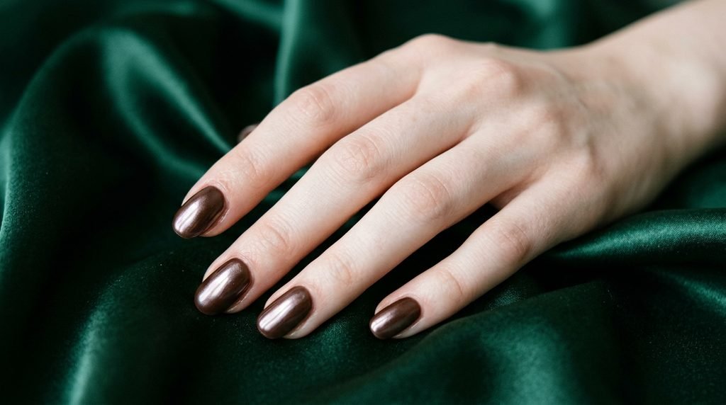 Glazed chocolate chrome round nails on an 18-year-old female hand with very white skin tone resting on dark emerald satin.