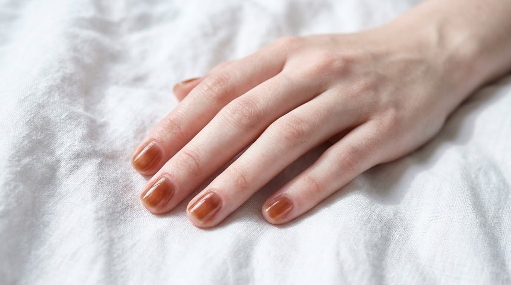 Short natural nails with translucent jelly brown polish showing glossy glass finish on a white linen surface.