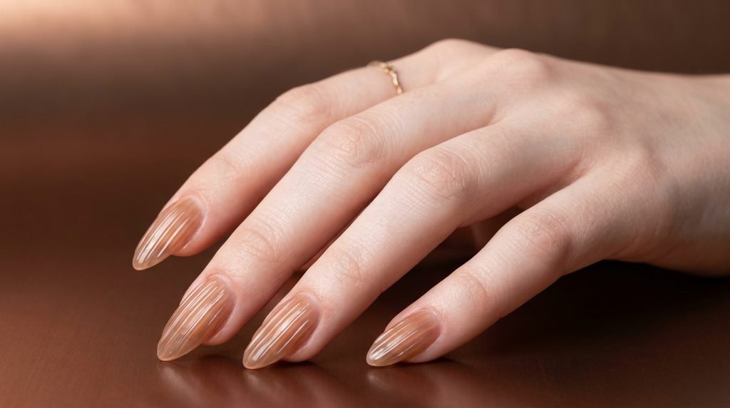 Long almond ice coffee ribbed glass nails on an 18-year-old female hand with very white skin on a dark copper background.
