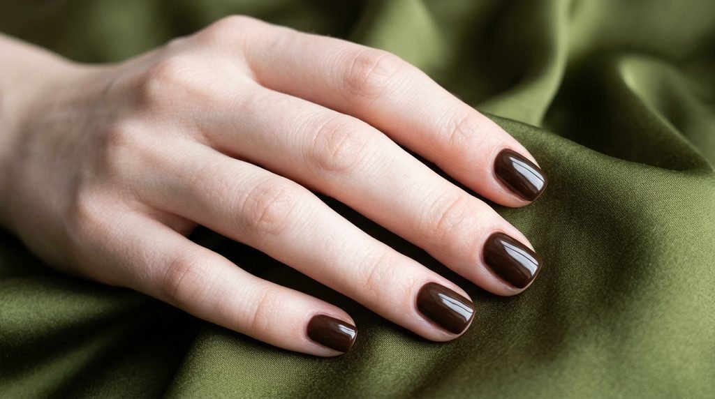 Short square natural female nails with 1mm free edge painted in glossy dark chocolate brown gel over an olive silk background.