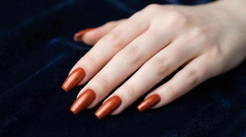 Close-up photograph of burnt orange shimmer coffin nails on a young woman's hand resting on midnight-blue velvet.