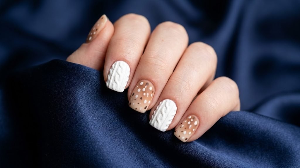 Short squoval nails featuring white 3D cable knit art and deer print over navy satin.