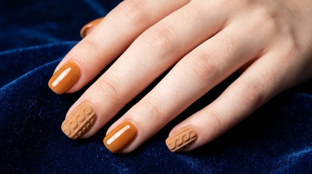 Mixed matte sweater art and glossy caramel nails shown over sapphire blue velvet.