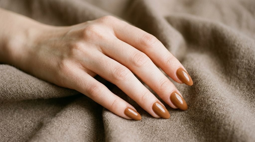Medium almond nails in warm caramel brown on an 18-year-old female hand with very white skin tone.