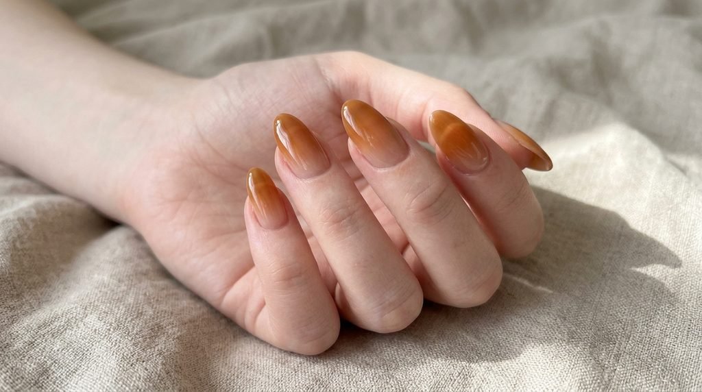 Close-up of almond syrup nails with translucent caramel color wash on fair skin over beige linen.