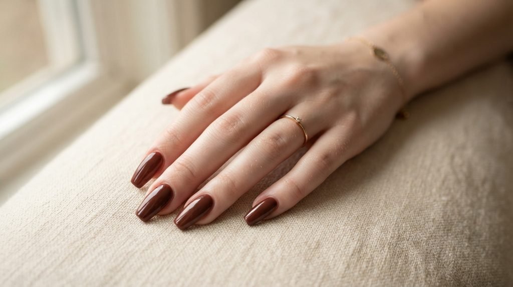 Coffin nails with deep cherry mocha red-brown polish on soft pale skin.