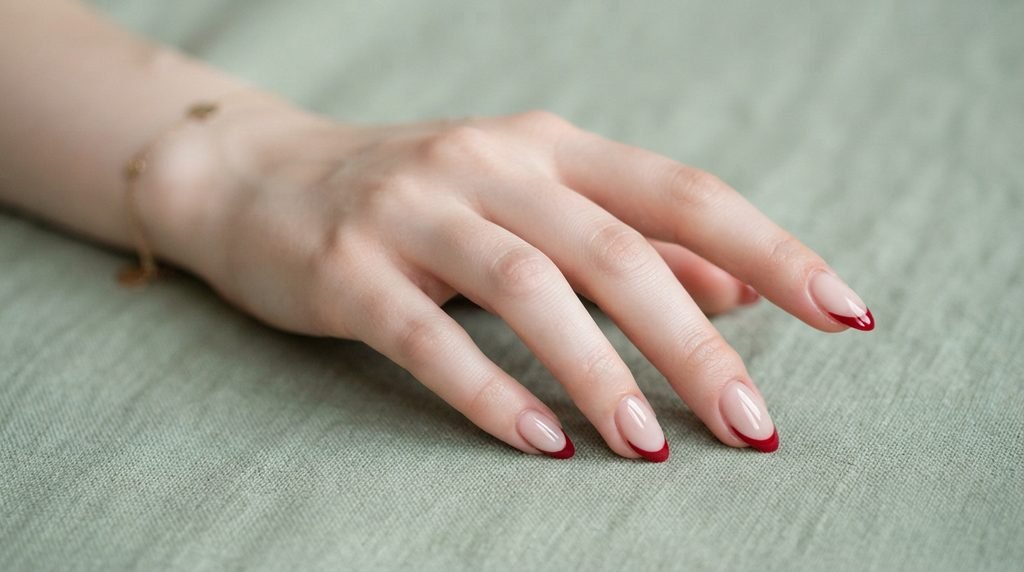 French manicure with deep cherry red tips and nude pink base on pale hand.