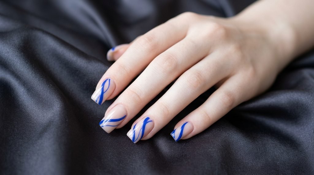 Cobalt blue linear ribbon design on square nails over dark charcoal fabric.